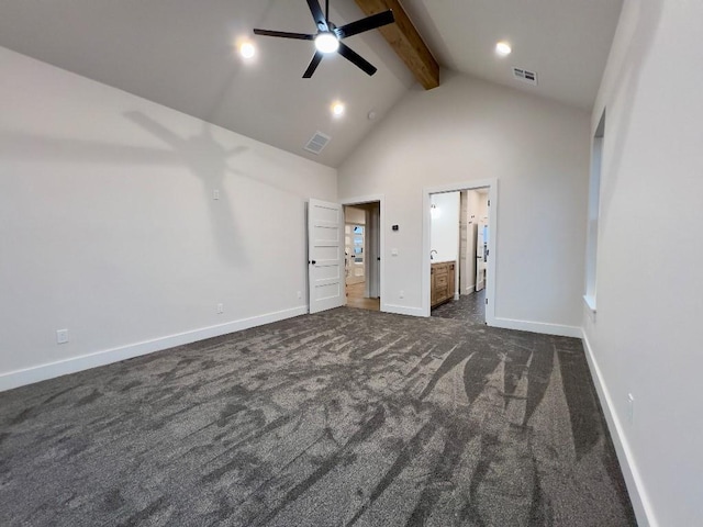 unfurnished bedroom featuring high vaulted ceiling, visible vents, dark carpet, and beam ceiling