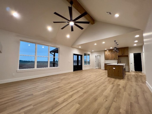 unfurnished living room with ceiling fan, high vaulted ceiling, visible vents, beam ceiling, and light wood finished floors