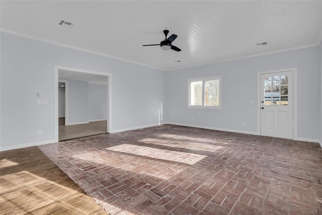 empty room with crown molding and ceiling fan