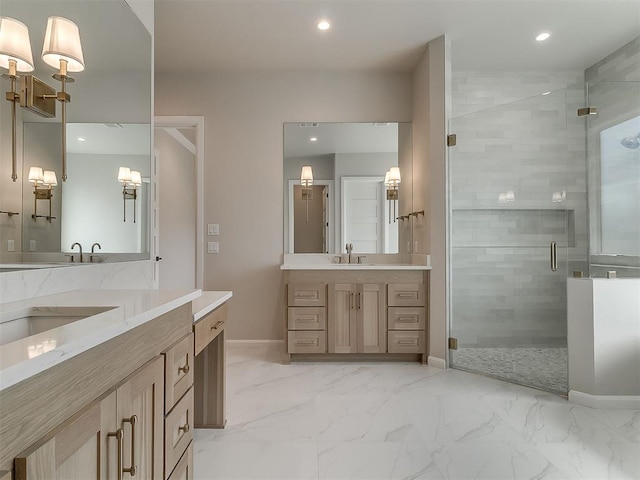2408 Lazio Way, Edmond, OK 73034 - full bath with a stall shower, two vanities, marble finish floors, and recessed lighting