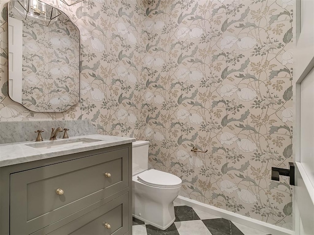 2408 Lazio Way, Edmond, OK 73034 - bathroom with wallpapered walls and vanity