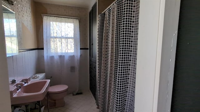 bathroom featuring a sink, toilet, and a shower with shower curtain