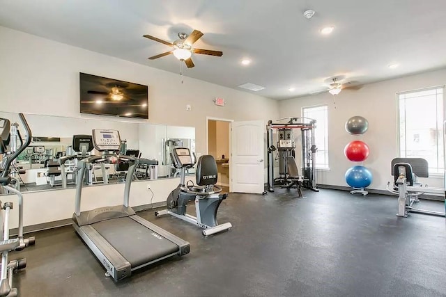 workout area with baseboards, a ceiling fan, and recessed lighting