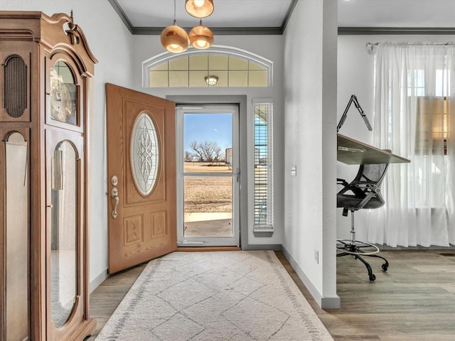 entrance foyer featuring light hardwood / wood-style floors and crown molding