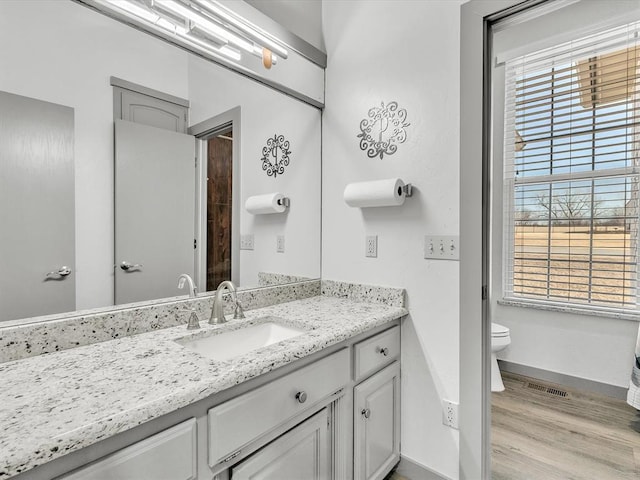 bathroom with hardwood / wood-style floors, vanity, and toilet