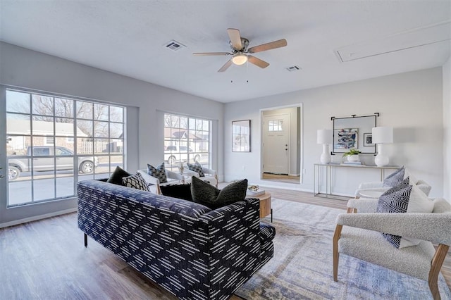 living room featuring ceiling fan and light hardwood / wood-style flooring