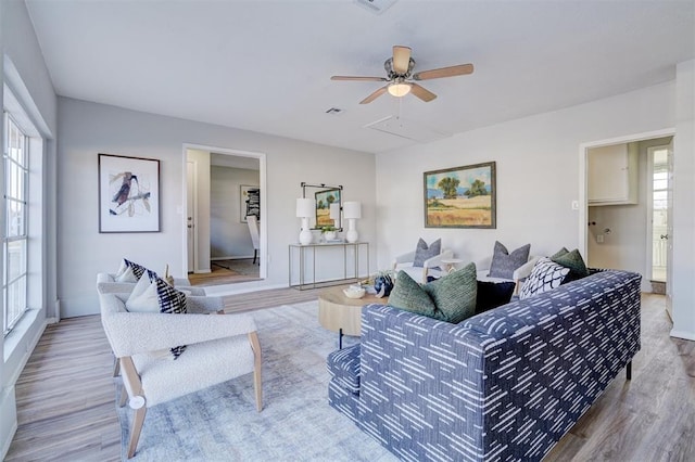 living room with a healthy amount of sunlight, ceiling fan, and wood-type flooring