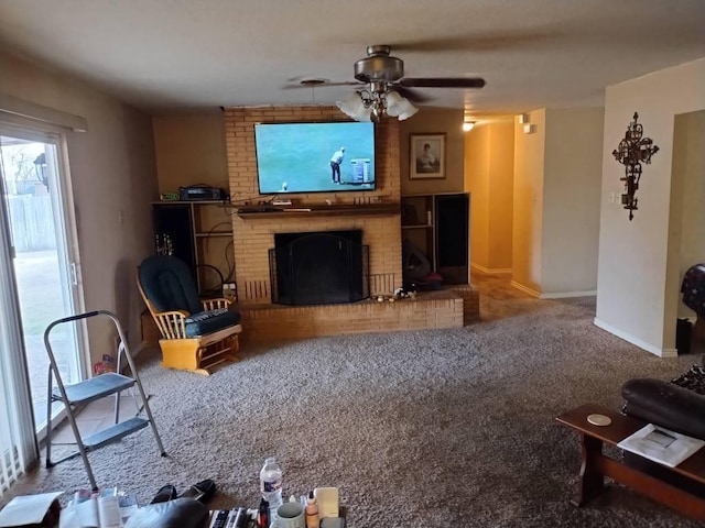 living room with ceiling fan, a fireplace, and carpet