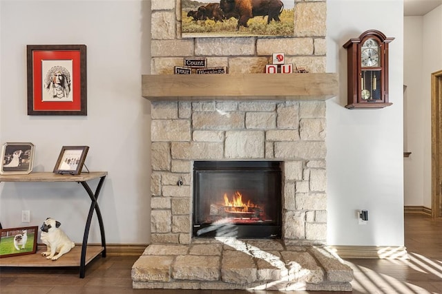 interior details featuring a stone fireplace and hardwood / wood-style flooring