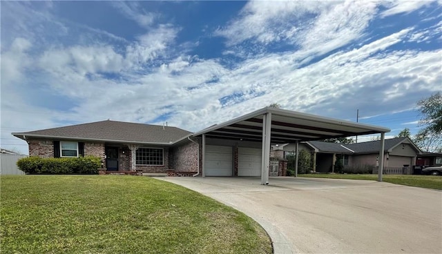 single story home featuring a garage, a carport, and a front lawn