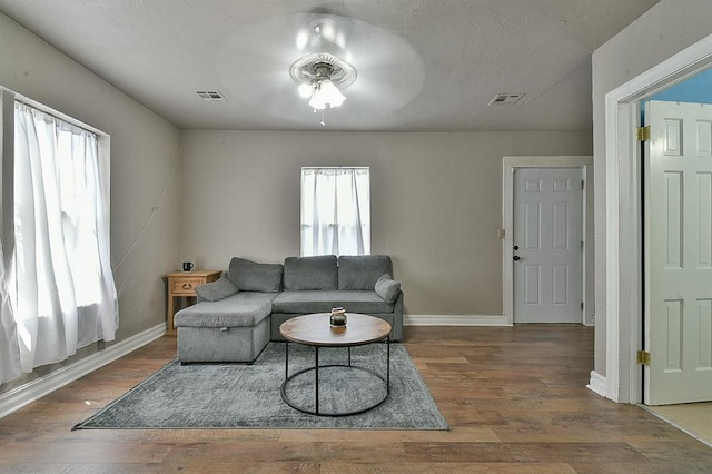 living room featuring wood-type flooring and ceiling fan