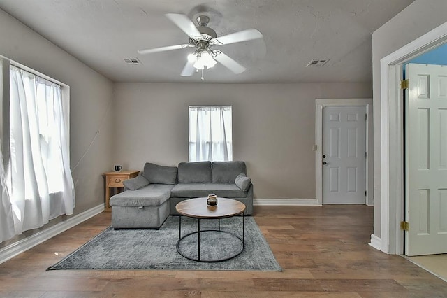 living room with ceiling fan, hardwood / wood-style floors, and a wealth of natural light