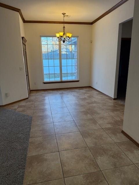 unfurnished room featuring tile patterned flooring, an inviting chandelier, and ornamental molding