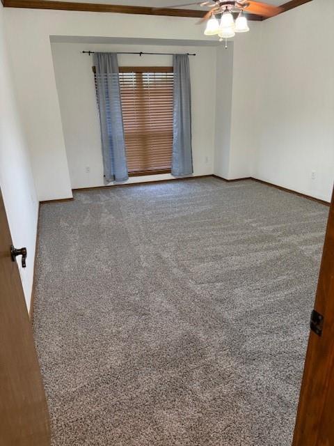 carpeted spare room featuring ceiling fan