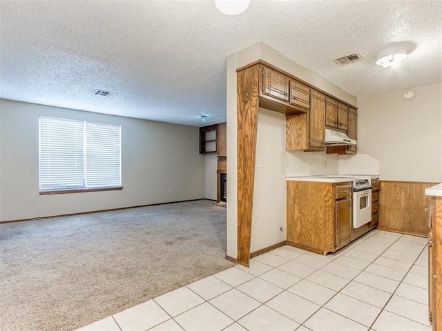 kitchen featuring light colored carpet, a textured ceiling, and white electric stove