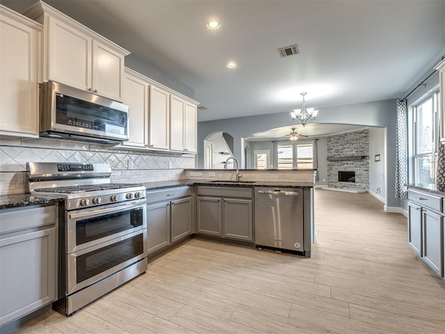 kitchen with decorative backsplash, sink, a fireplace, and appliances with stainless steel finishes