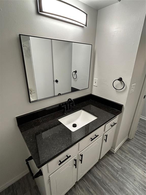 bathroom featuring hardwood / wood-style floors and vanity