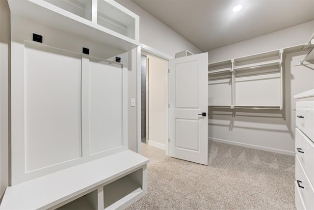 mudroom featuring light carpet