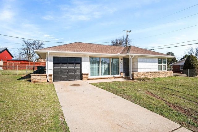 single story home featuring stone siding, an attached garage, a front lawn, and fence