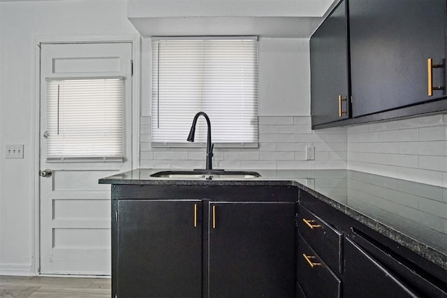 kitchen with tasteful backsplash, a sink, dark stone counters, wood finished floors, and dark cabinets