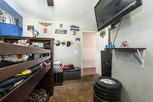 interior space with dark colored carpet and ceiling fan