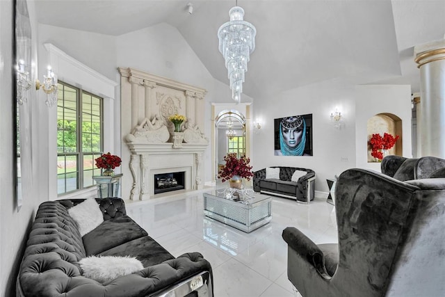 living room featuring light tile patterned floors, high vaulted ceiling, and a chandelier