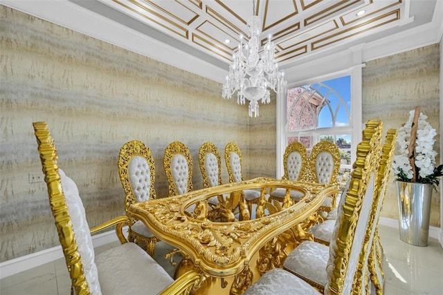 dining area with crown molding and an inviting chandelier