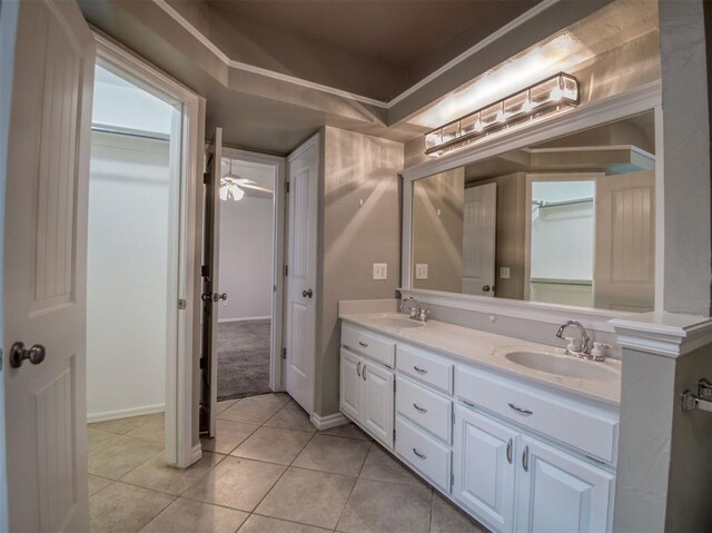 bathroom with vanity, tile patterned flooring, and ceiling fan