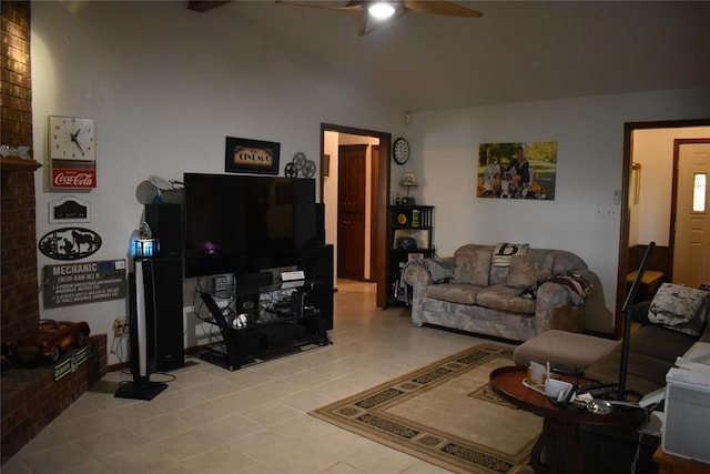 tiled living room with ceiling fan