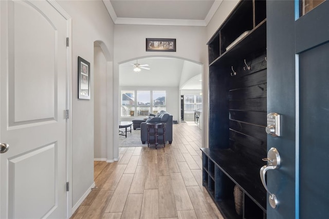 mudroom featuring ceiling fan and ornamental molding