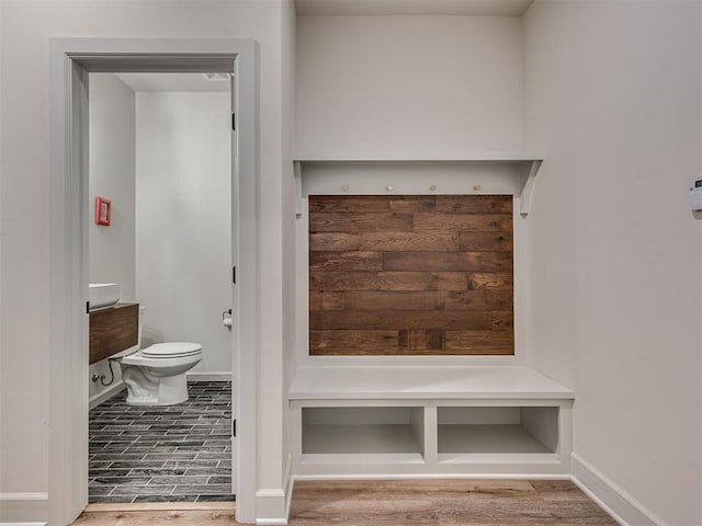 bathroom featuring hardwood / wood-style flooring, vanity, and toilet