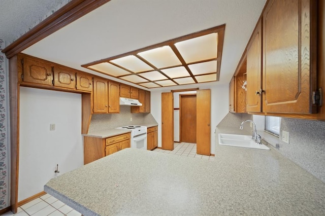 kitchen with light tile patterned flooring, white electric stove, decorative backsplash, and sink