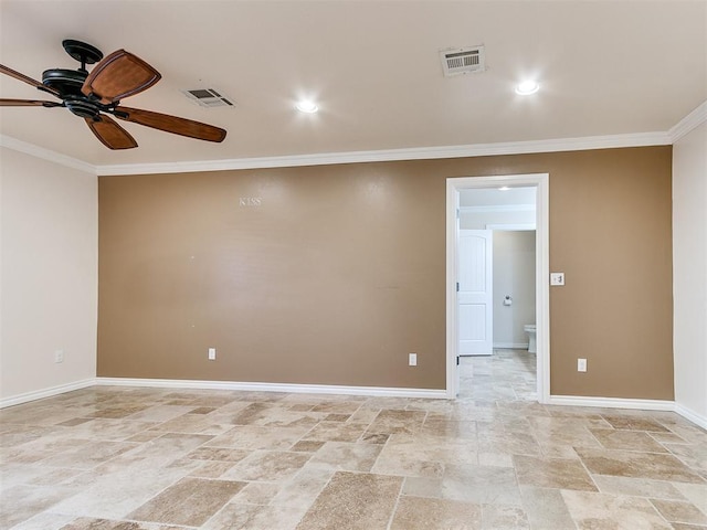 unfurnished room featuring ornamental molding and ceiling fan