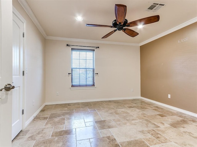 unfurnished room with ceiling fan and crown molding