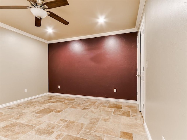 unfurnished room with ceiling fan and crown molding