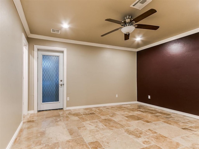 6704 Tall Oaks Dr, Oklahoma City, OK 73127 - spare room featuring ceiling fan, ornamental molding, light stone finish flooring, and baseboards