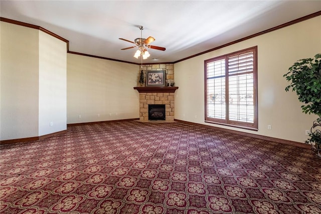 unfurnished living room featuring a stone fireplace, ornamental molding, and ceiling fan