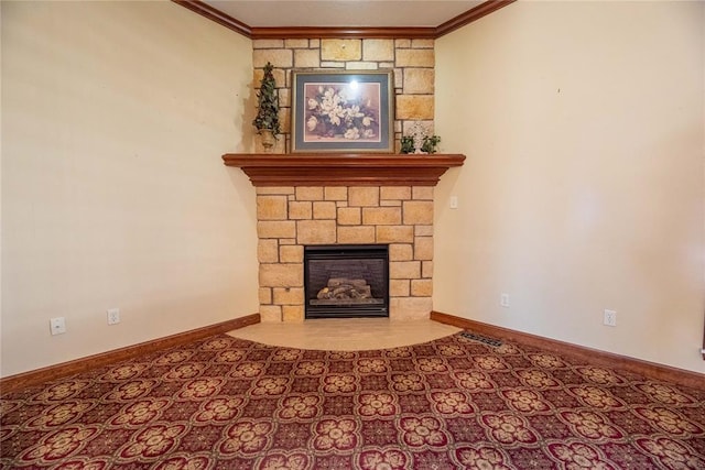 unfurnished living room with crown molding and a stone fireplace