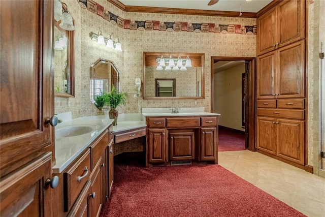 bathroom with ceiling fan, ornamental molding, vanity, and tile patterned floors