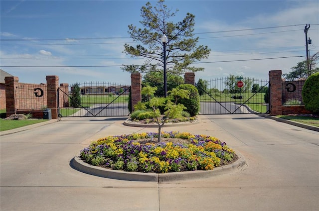 view of street featuring a gate, a gated entry, and curbs