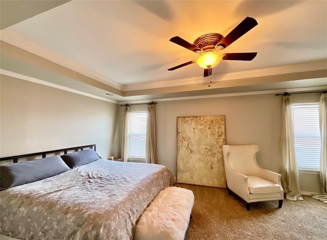 carpeted bedroom featuring ceiling fan, a raised ceiling, crown molding, and multiple windows