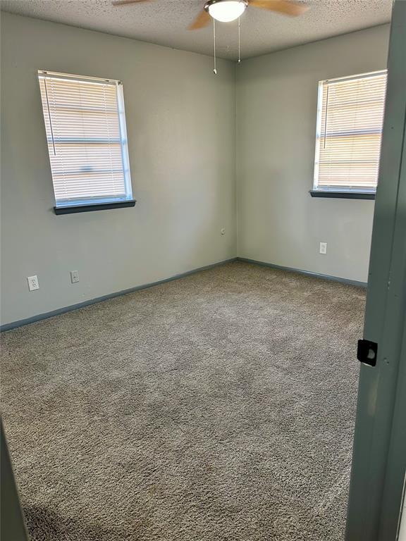 carpeted spare room with ceiling fan, a wealth of natural light, and a textured ceiling