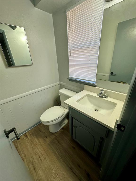 bathroom with hardwood / wood-style flooring, toilet, and vanity