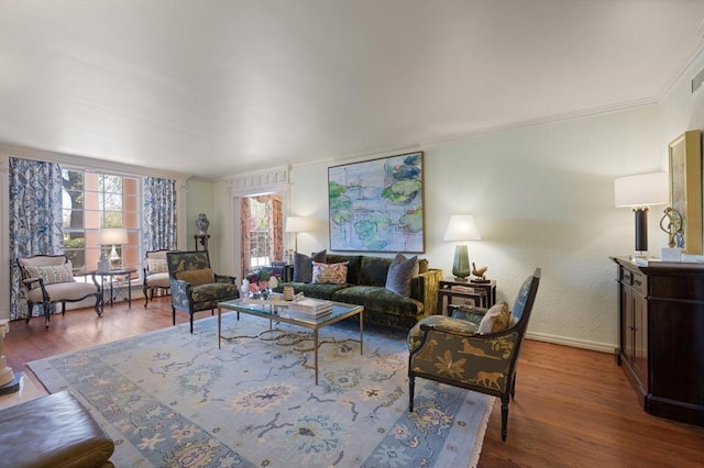 living room featuring crown molding and wood-type flooring