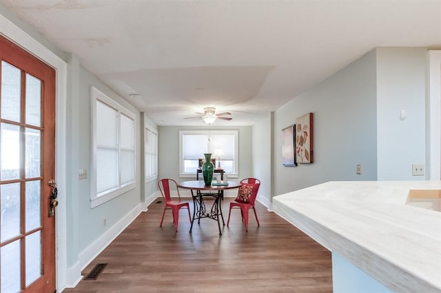 dining room featuring ceiling fan and wood-type flooring