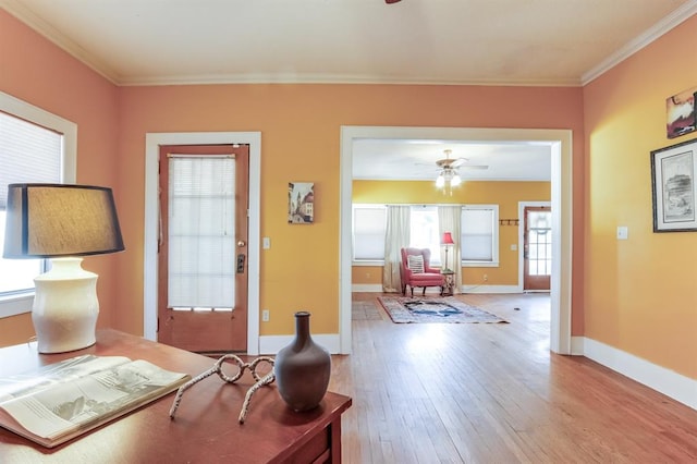 foyer entrance with ceiling fan, light hardwood / wood-style floors, and ornamental molding