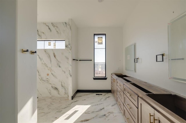 bathroom featuring a shower, vanity, and plenty of natural light