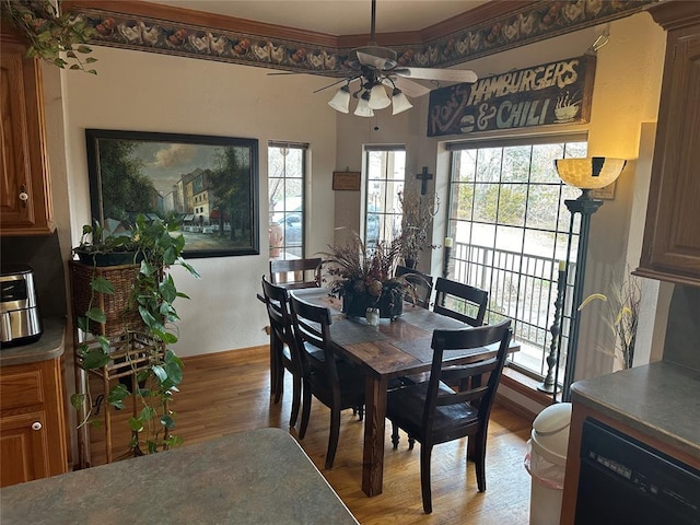 dining room featuring ceiling fan and light wood-type flooring