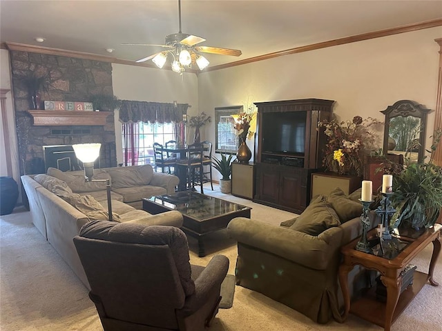 living room featuring crown molding, a stone fireplace, light carpet, and ceiling fan