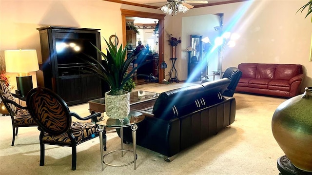 living room with light colored carpet and a ceiling fan